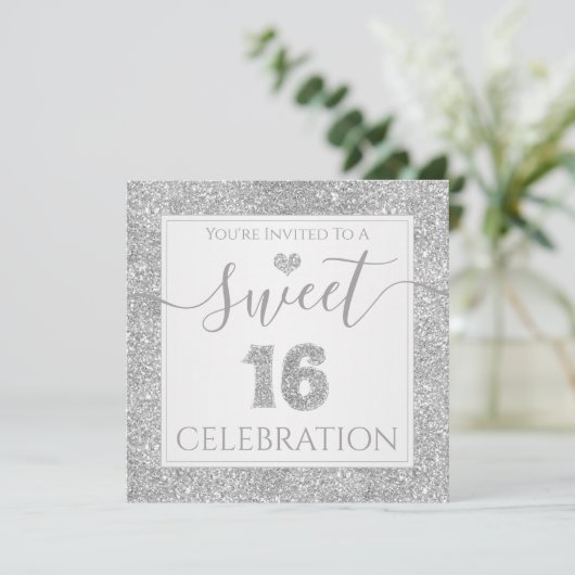 Sweet 16 Silver Faux Glitter Birthday Party Kaart (Staand voorkant)