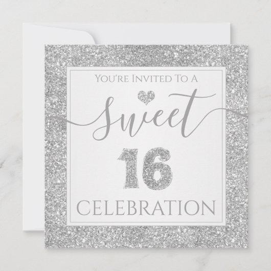 Sweet 16 Silver Faux Glitter Birthday Party Kaart (Voorkant)
