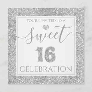 Sweet 16 Silver Faux Glitter Birthday Party Kaart