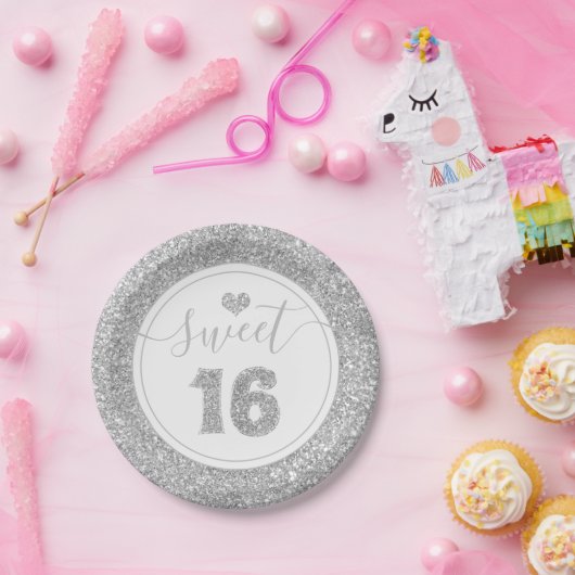 Sweet 16 Silver Faux Glitter Birthday Party Papieren Bordje (Feest)