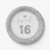 Sweet 16 Silver Faux Glitter Birthday Party Papieren Bordje (Voorkant)