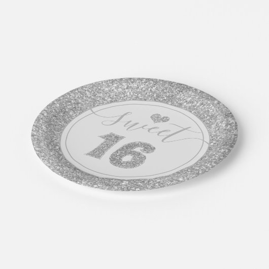 Sweet 16 Silver Faux Glitter Birthday Party Papieren Bordje (Gekanteld)
