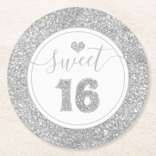 Sweet 16 Silver Faux Glitter Birthday Party Ronde Kartonnen Onderzetter (Voorkant)