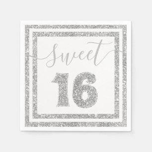 Sweet 16 Silver Faux Glitter Stripe Verjaardagsdee Servet