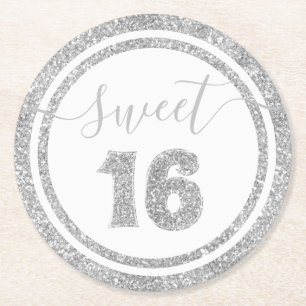 Sweet 16 Silver Faux Glitter Stripe Verjaardagsfee Ronde Kartonnen Onderzetter