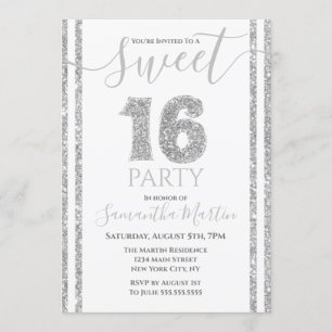 Sweet 16 Silver Faux Glitter Striped Birthday Kaart