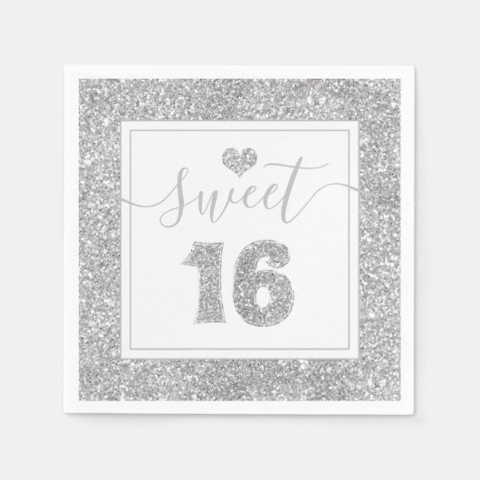 Sweet 16 Silver Faux Glitter Verjaardagsfeestje Servet (Voorkant)