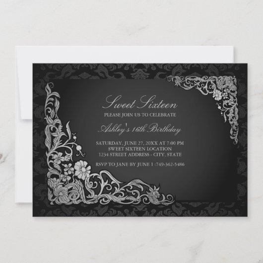 Sweet 16 | Silver Floral Damask Uitnodigen Kaart (Voorkant)