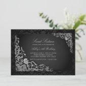 Sweet 16 | Silver Floral Damask Uitnodigen Kaart (Staand voorkant)