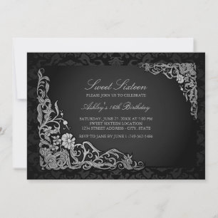Sweet 16 Silver Floral Damask Uitnodigen Kaart