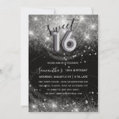 Sweet 16 Silver Glitter & Black Verjaardagsfeestje Kaart (Voorkant)