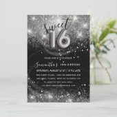 Sweet 16 Silver Glitter & Black Verjaardagsfeestje Kaart (Staand voorkant)