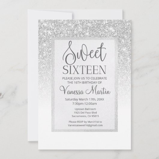 Sweet 16 Silver Glitter Glamoureuze partijuitnodig Kaart (Voorkant)