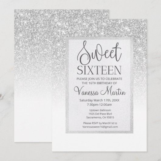 Sweet 16 Silver Glitter Glamoureuze partijuitnodig Kaart (Voorkant / Achterkant)