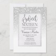 Sweet 16 Silver Glitter Glamoureuze partijuitnodig