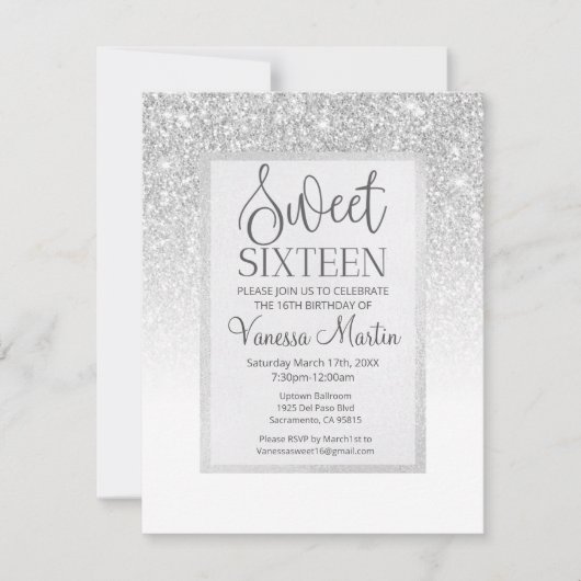 Sweet 16 Silver Glitter Glamoureuze partijuitnodig Kaart (Voorkant)