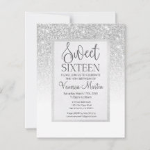 Sweet 16 Silver Glitter Glamoureuze partijuitnodig