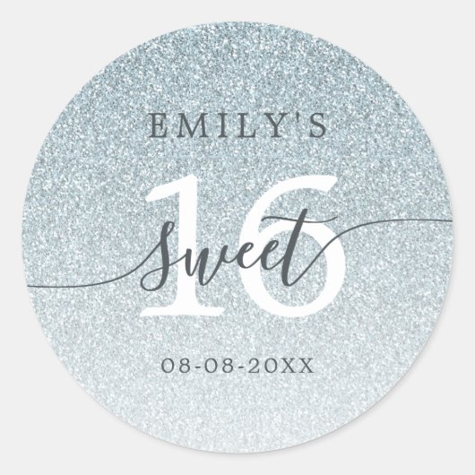 Sweet 16 Silver Glitter Ombre Aangepaste naam Datu Ronde Sticker (Voorkant)