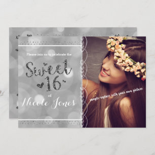 SWEET 16 Silver Glitter Party Photo Invitation Kaart