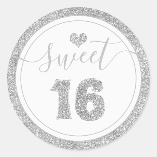 Sweet 16 Silver Grey Faux Glitter Hart Verjaardag Ronde Sticker (Voorkant)