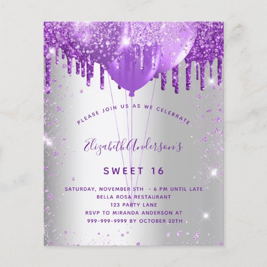 Sweet 16 Silver paarse begrotingsuitnodiging Flyer (Voorkant)