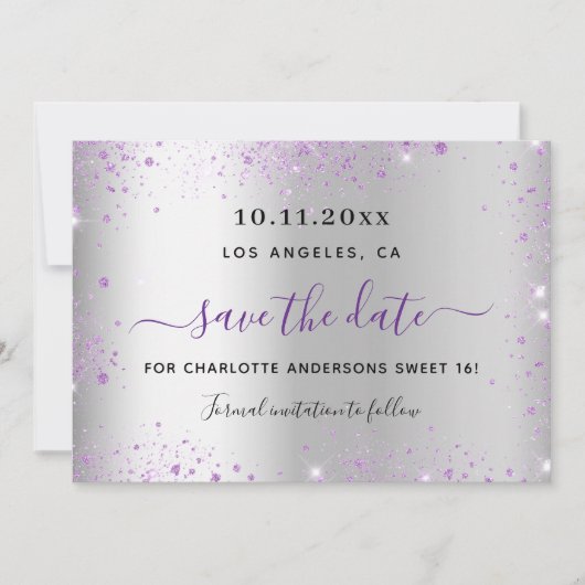 Sweet 16 silver purple save the date (Voorkant)