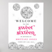 Sweet 16 Silver Retro Disco PINK Glitter welkom Poster (Voorkant)