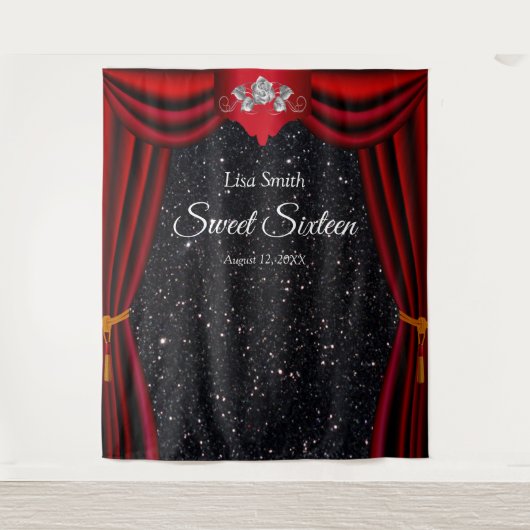 Sweet 16 Silver Roos Red Curtain Black Glitter Wandkleed (Voorkant)