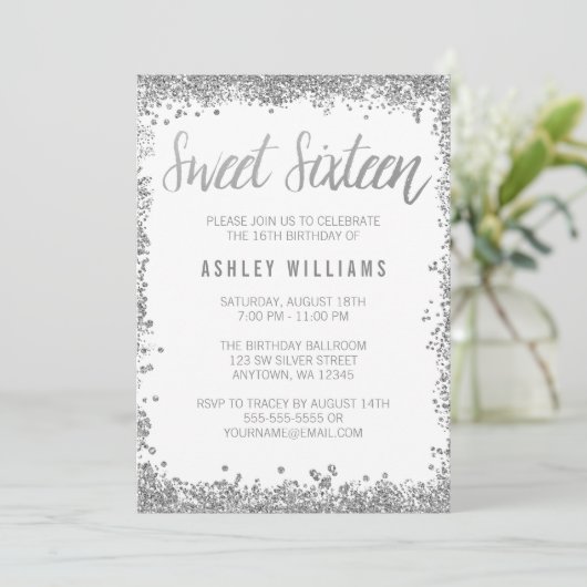 Sweet 16 Silver White Faux Glitter Birthday Kaart (Staand voorkant)