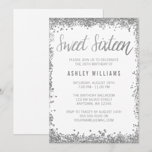 Sweet 16 Silver White Faux Glitter Birthday Kaart (Voorkant / Achterkant)