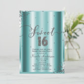 SWEET 16 Sixteen Aqua & Silver Confetti Corners Kaart (Staand voorkant)