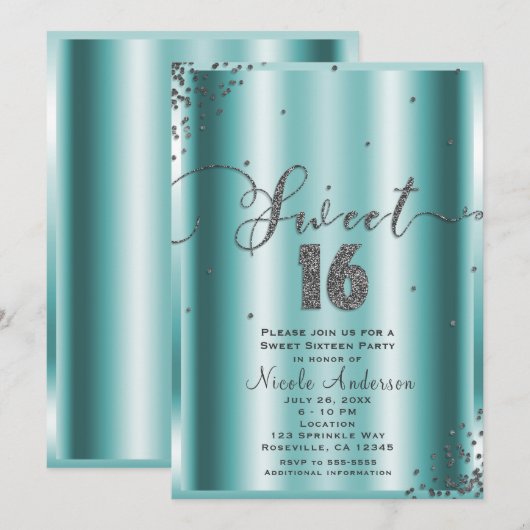 SWEET 16 Sixteen Aqua & Silver Confetti Corners Kaart (Voorkant / Achterkant)