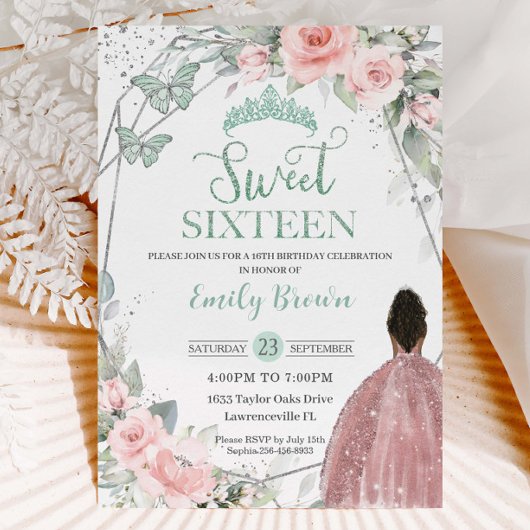 Sweet 16 Sixteen Birthday Blush Floral Mint Green Kaart