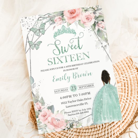 Sweet 16 Sixteen Birthday Blush Floral Mint Green Kaart