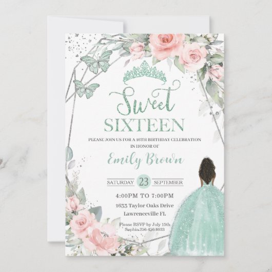 Sweet 16 Sixteen Birthday Blush Floral Mint Green Kaart (Voorkant)