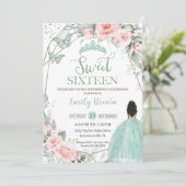 Sweet 16 Sixteen Birthday Blush Floral Mint Green Kaart (Staand voorkant)