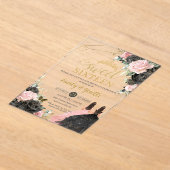 Sweet 16 Sixteen Black Dress Pink Floral Gold Twin Acryl Uitnodigingen (Laagn)