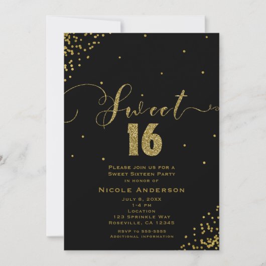 SWEET 16 Sixteen Black & Gold Confetti Corners Kaart (Voorkant)