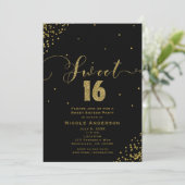 SWEET 16 Sixteen Black & Gold Confetti Corners Kaart (Staand voorkant)