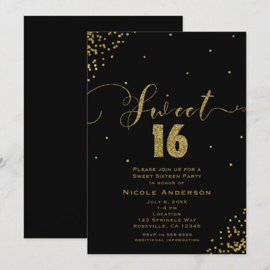 SWEET 16 Sixteen Black & Gold Confetti Corners Kaart (Voorkant / Achterkant)