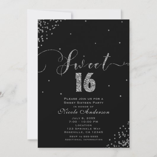 SWEET 16 Sixteen Black & Silver Confetti Corner Kaart (Voorkant)