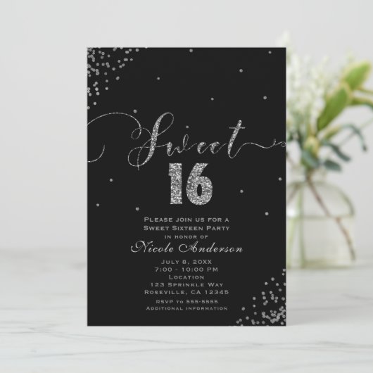 SWEET 16 Sixteen Black & Silver Confetti Corner Kaart (Staand voorkant)