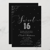 SWEET 16 Sixteen Black & Silver Confetti Corner Kaart (Voorkant / Achterkant)
