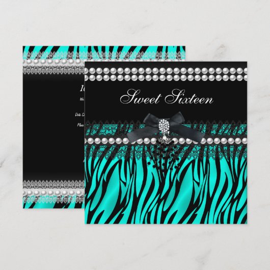 Sweet 16 Sixteen Blauwgroen Black Pearl Lace Zebra Kaart (Voorkant / Achterkant)