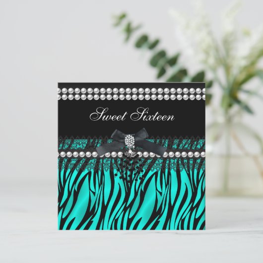 Sweet 16 Sixteen Blauwgroen Black Pearl Lace Zebra Kaart (Staand voorkant)