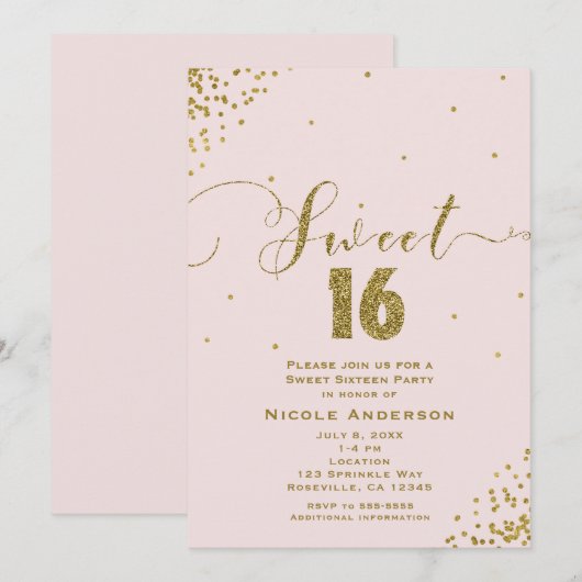 SWEET 16 Sixteen Blush Pink & Gold Confetti Corner Kaart (Voorkant / Achterkant)