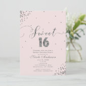 SWEET 16 Sixteen Blush Pink Silver Confetti Corner Kaart (Staand voorkant)