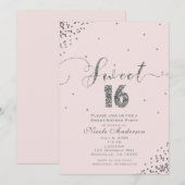 SWEET 16 Sixteen Blush Pink Silver Confetti Corner Kaart (Voorkant / Achterkant)