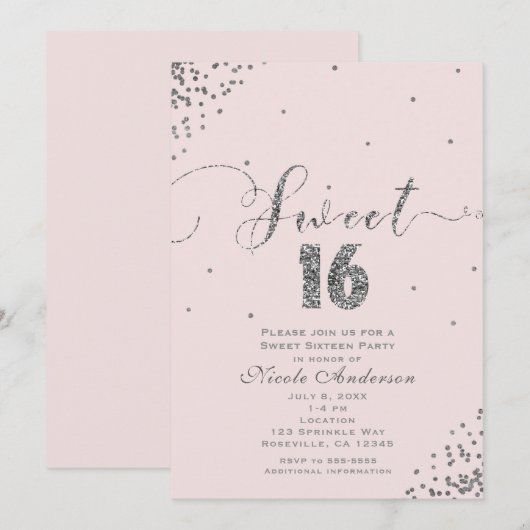 SWEET 16 Sixteen Blush Pink Silver Confetti Corner Kaart (Voorkant / Achterkant)