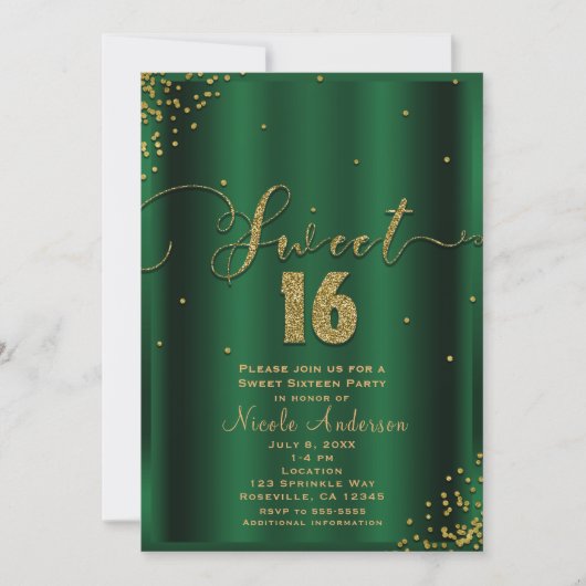 SWEET 16 Sixteen Emerald & Gold Confetti Corners Kaart (Voorkant)